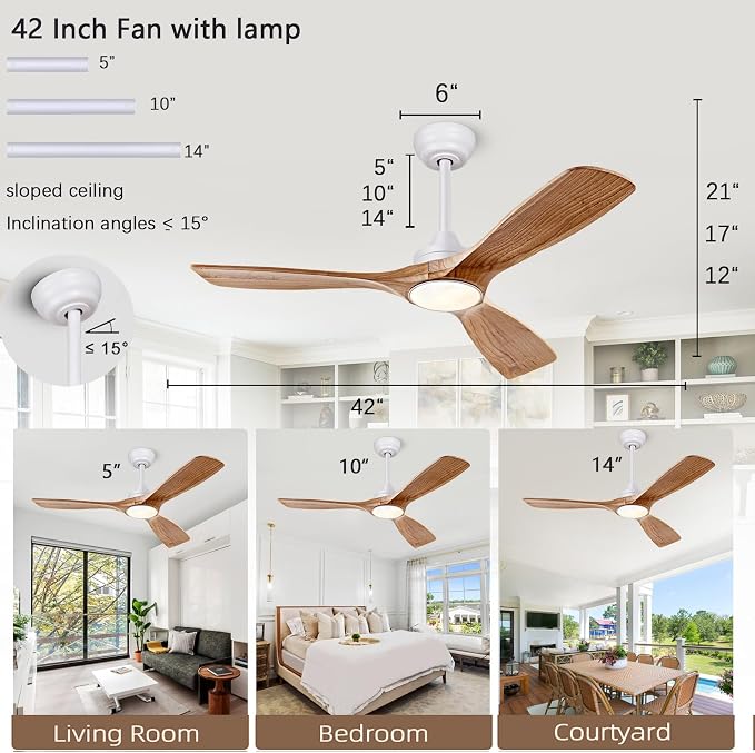 42 Inch Ceiling Fan with Lights, Solid Wood DC Motor Remote & APP Control | solid wood blades, quiet reversible dc motor, remote app control, 3cct dimmable led, indoor outdoor for bedroom patio