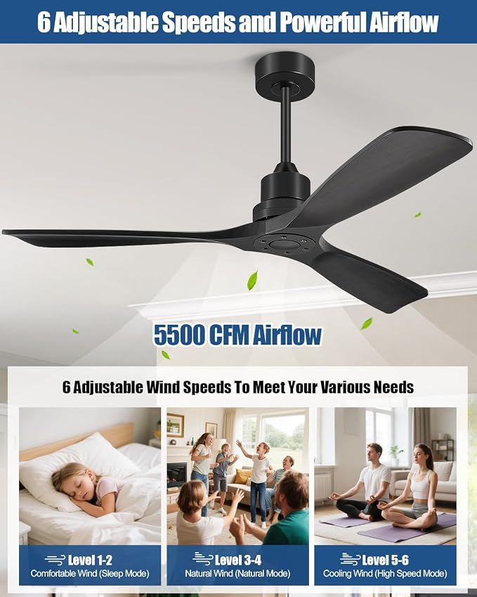 Ceiling Fans With Remote Control, Outdoor Ceiling Fan for Patios Indoor, 3 Downrods, 3 Blades, Timer, 6 Speed Reversible Quiet DC Motor Modern Fan Solid Wood Fan,52in, Matte Black