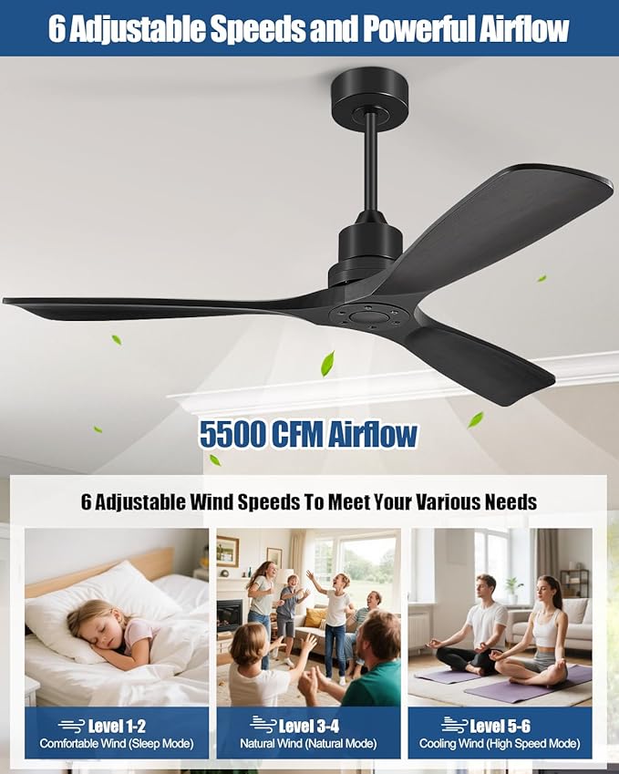 Ceiling Fans With Remote Control, Outdoor Ceiling Fan for Patios Indoor, 3 Downrods, 3 Blades, Timer, 6 Speed Reversible Quiet DC Motor Modern Fan Solid Wood Fan,60in, Matte Black