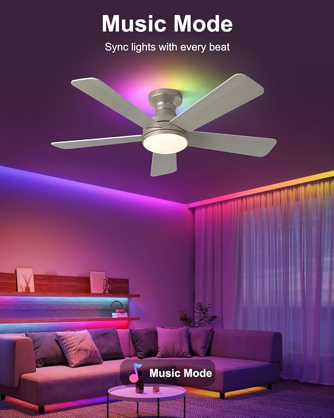 42 Inch Ceiling Fans with Lights, Smart Ceiling Fan with Alexa Google App, Gold Ceiling Fan with RGB Lights Remote, 6 Speeds Reversible DC Motor, Modern Flush Mount for Bedroom Living Room