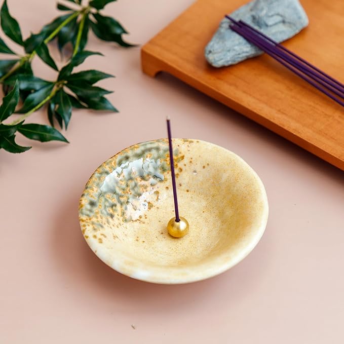 Asayu Japanese Small Incense Holder for Sticks 4.88 inch (124mm), Traditional Made in Japan Ceramic Ash Catcher and Brass Incense Burner Set - Light Orange