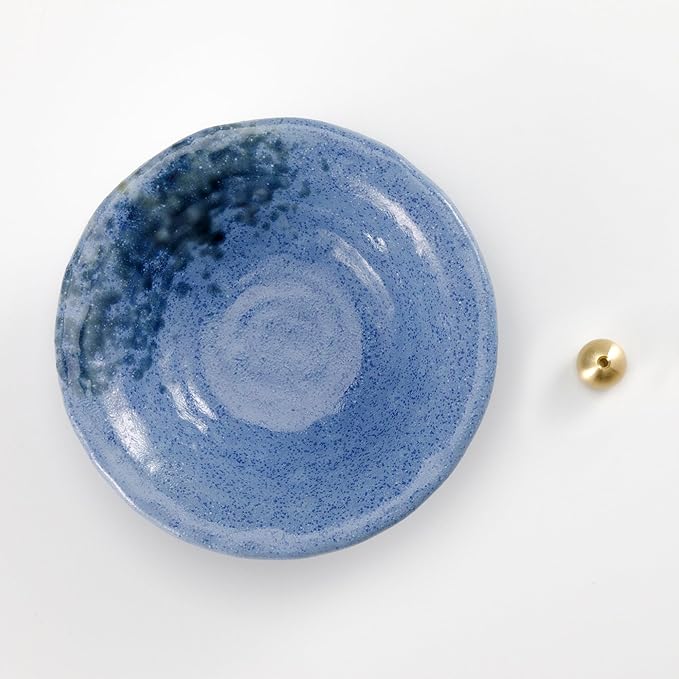 Asayu Japanese Small Incense Holder for Sticks 4.88 inch (124mm), Traditional Made in Japan Ceramic Ash Catcher and Brass Incense Burner Set - Blue