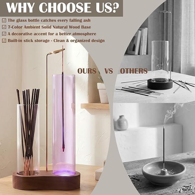 Glowing Glass Incense Holder - 2-in-1 Double Tube Incense Stick Holder with Ash Catcher for Palo Santo, Sage & Meditation - Aesthetic Zen Home Decor for Spa, Yoga & Relaxationn