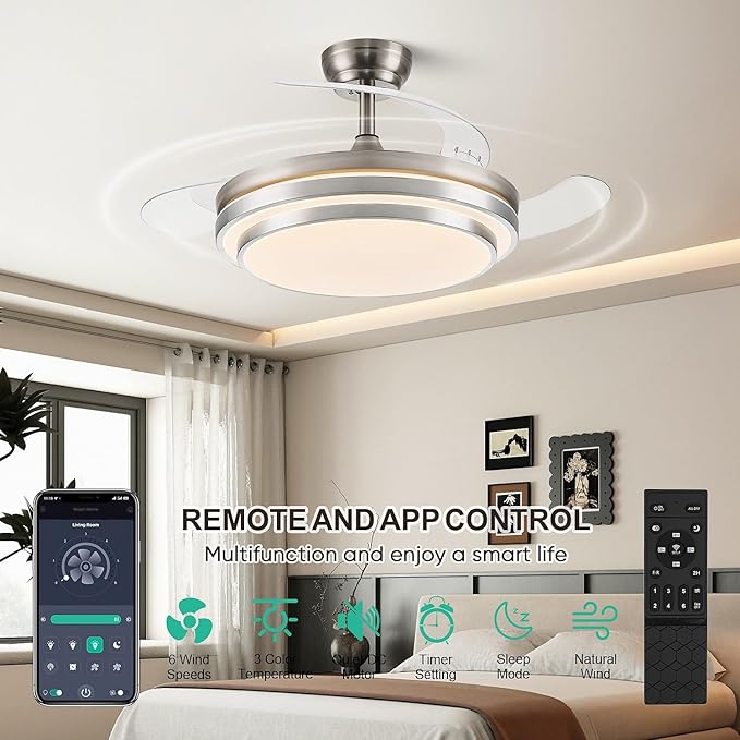 FIDGRA 42 Inch Fandelier Ceiling Fan with Light, Retractable Ceiling Fan with Lights for Bedroom Living Room Dinning Room, Chandelier with Fan 6 Speed, 3 Color Temperature-Brushed Nickel