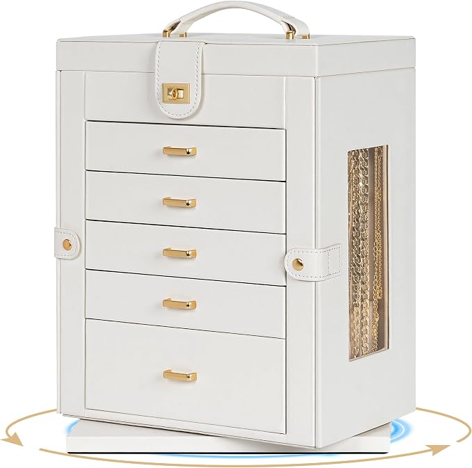 AKOZLIN 6-Tier Jewelry Box Organizer Functional 5 Drawers Leather Jewelry Storage Case for Women Girls Ring Necklace Earring Bracelet Holder Organizer with Mirror XL White 360° Rotating