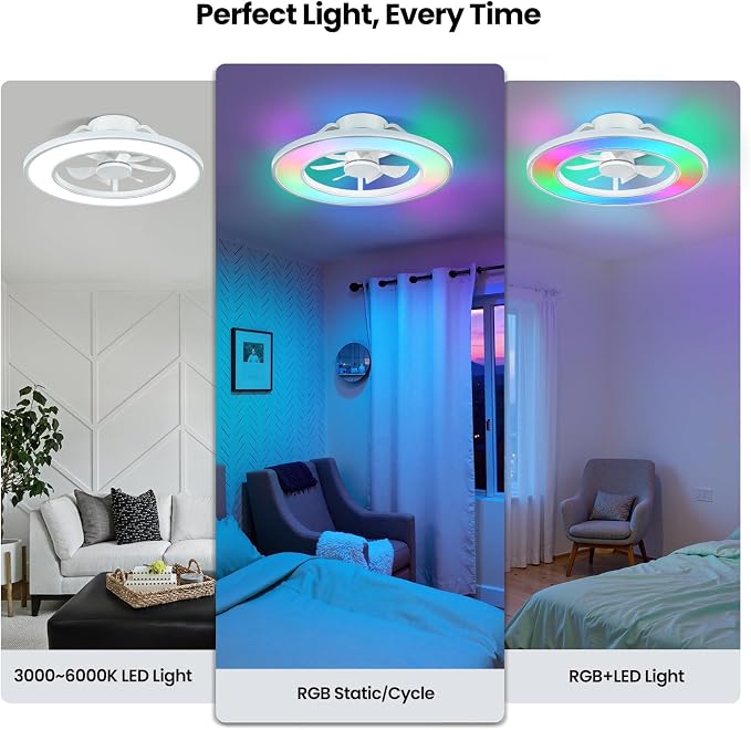 20'' RGB Ceiling Fans with Lights and Remote, Low Profile Ceiling Fans, 3000-6000K Dimmable Modern Flush Mount LED Fan Light, Bladeless Fandelier Ceiling Fan for Bedroom, Living Room, White