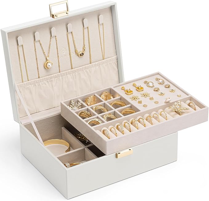 VLANDO Jewelry Box for Women, Gift for Women Girls,2 Layer Jewelry Box,Large Jewelry Organizer for Women Removable Jewelery Tray for Necklace Earrings Rings (Cloud White)