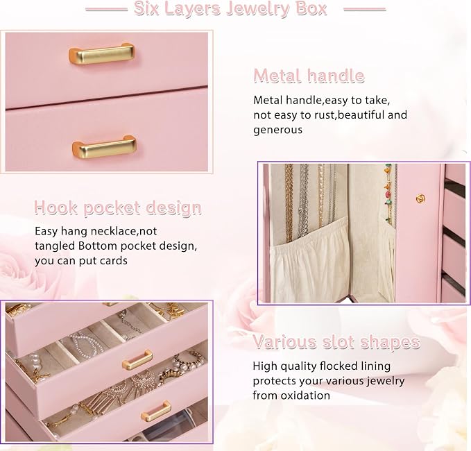 AKOZLIN 6-Tier Jewelry Box Organizer Functional 5 Drawers Leather Jewelry Storage Case for Women Girls Ring Necklace Earring Bracelet Holder Organizer with Mirror Light Pink Large