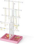 Love-KANKEI Jewelry Organizer Stand 5-Tier,Adjustable Height,Pink/White | Metal Rod,Solid Wood Base,Easy to Install,Tree Style,Display Long Necklaces,Bracelets,Earrings,Rings,Watches,Bangles,Gift
