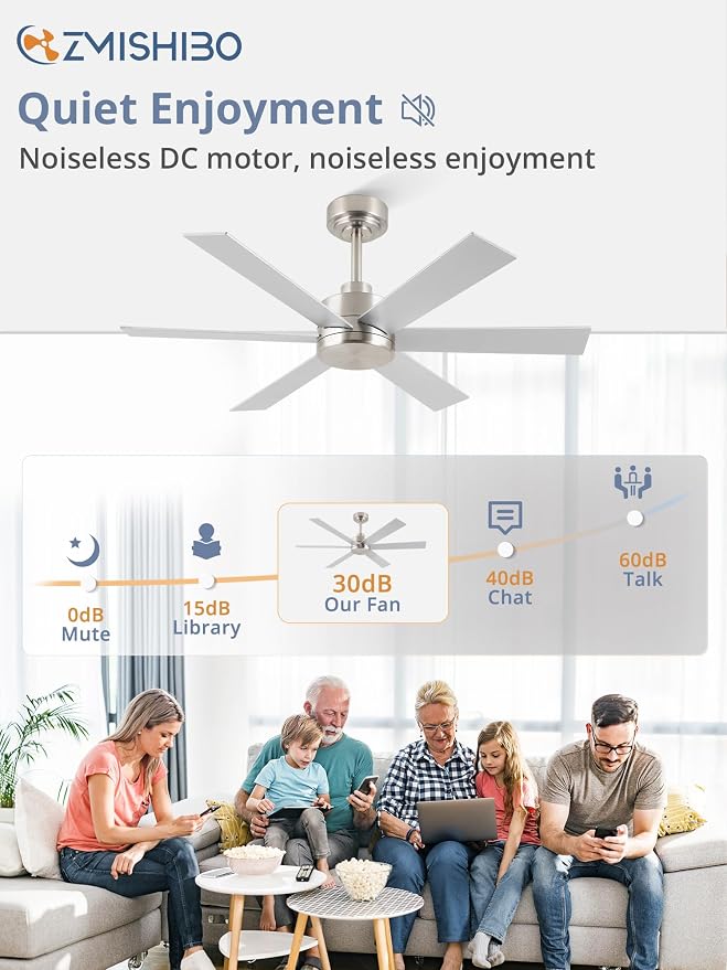 ZMISHIBO 42 Inch Ceiling Fan No Light, Brushed Nickel Ceiling Fan Wthout Light, 6 Blades, Quiet Reversible DC Motor, 6-Speeds, Modern Ceiling Fans for Living Room, Bedroom, Workshop, Indoor/Outdoor