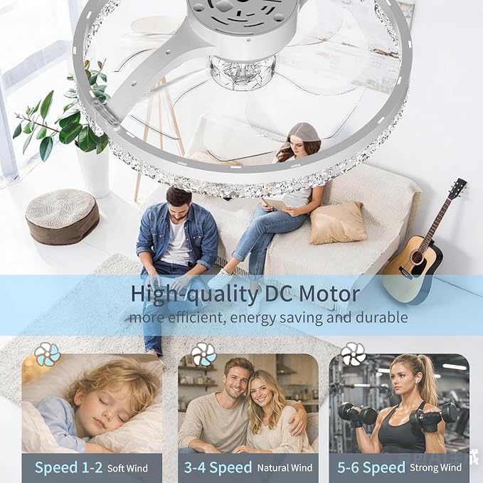 AIKVSXER Ceiling Fans with Lights and Remote, 20'' Low Profile Ceiling Fan with APP Control, 3000K-6500K Dimmable, Quiet Reversible DC, Modern Flush Mount Fandelier for Bedroom (White-Crystal)