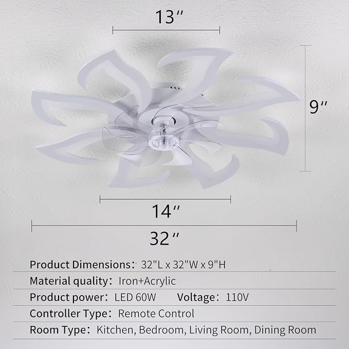 White Flower Modern Ceiling Fans with Lights, Low Profile Ceiling Fan with Remote for Bedroom, 32inch Flush Mount Ceiling Fan with LED Dimmable Light,6-Speeds, Timing CeilingFan Light-8L