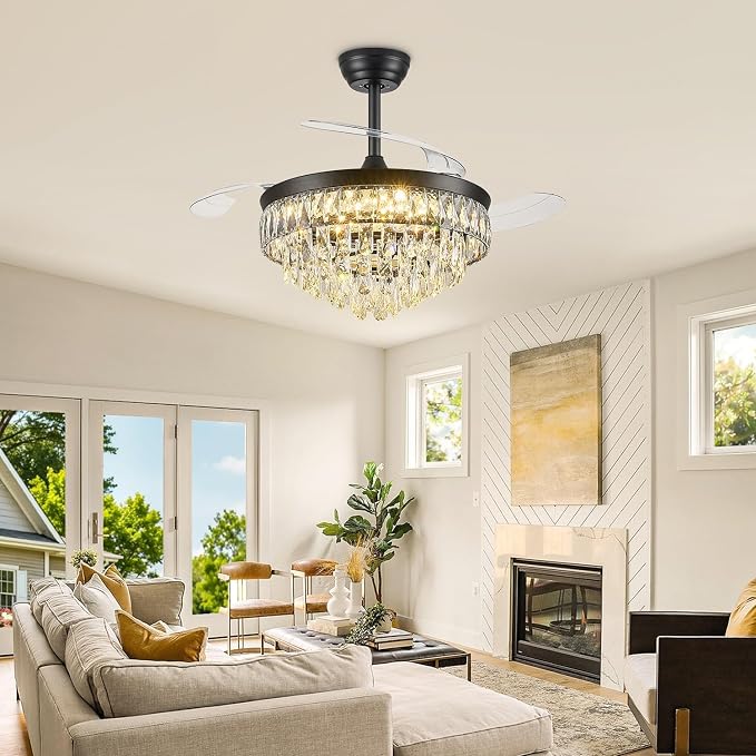 48 Inch Chandelier Ceiling Fan with Lights, Retractable Fan with Remote and APP, Crystal Fandelier Ceiling Fan, Dimmable LED, Reversible Motor, Quiet for Bedroom Living Room-Black