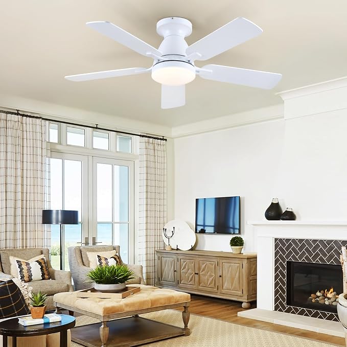 46 Inch Ceiling Fans with Lights and Remote, Flush Mount, White | Low Profile, Dimmable LED, Reversible, Quiet DC Motor, Wooden Blades, for Modern Apartment Bedroom Home Office Living Room