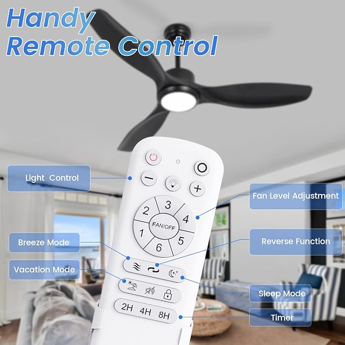 52" Ceiling Fans with Lights and Remote, Black Ceiling Fan with 3 Color Dimmable LED Light, 6 Speed, DC Motor, for Bedroom/Living room/Outdoor, Black