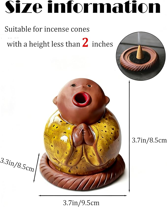 Ceramic Little Monk Incense Burner for Cones & Sticks, Cute Buddha Incense Holder with Mouth Smoke Effect, Zen Home Decor Meditation Gifts