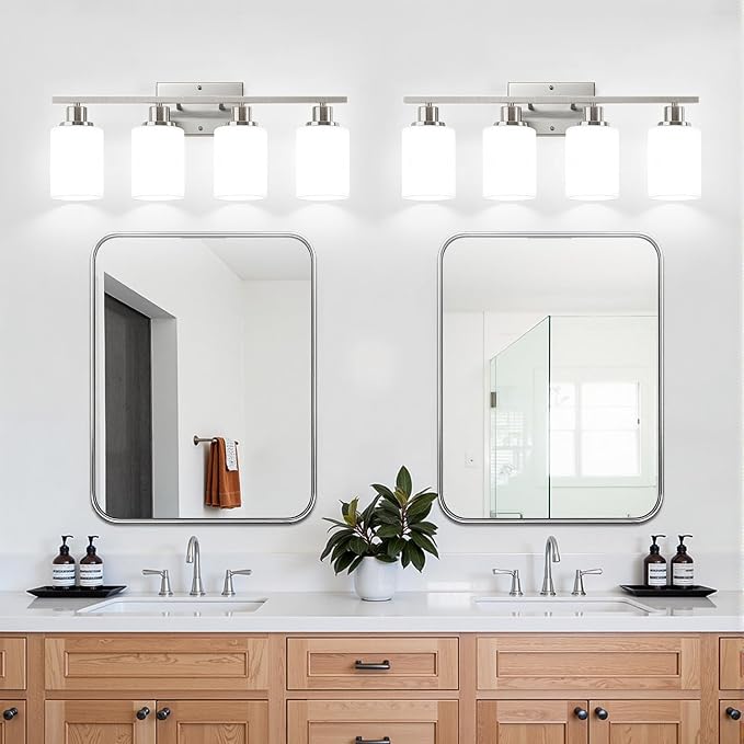 Indoi 4-Light Bathroom Light Fixtures, Brushed Nickel Modern Vanity Lights with Milky White Shades, Bathroom Wall Lamp for Mirror Living Room Cabinet Bedroom Porch
