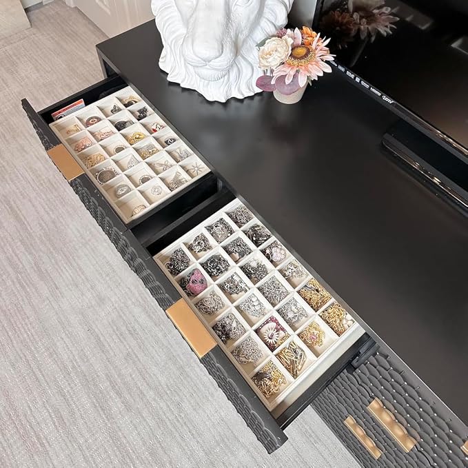 Coward 2PC Stackable 24 Gird Jewelry Organizer Tray Necklace Earring Box Storage Drawer Ring Bracelet Display Holder (beige(24grid+24grid))