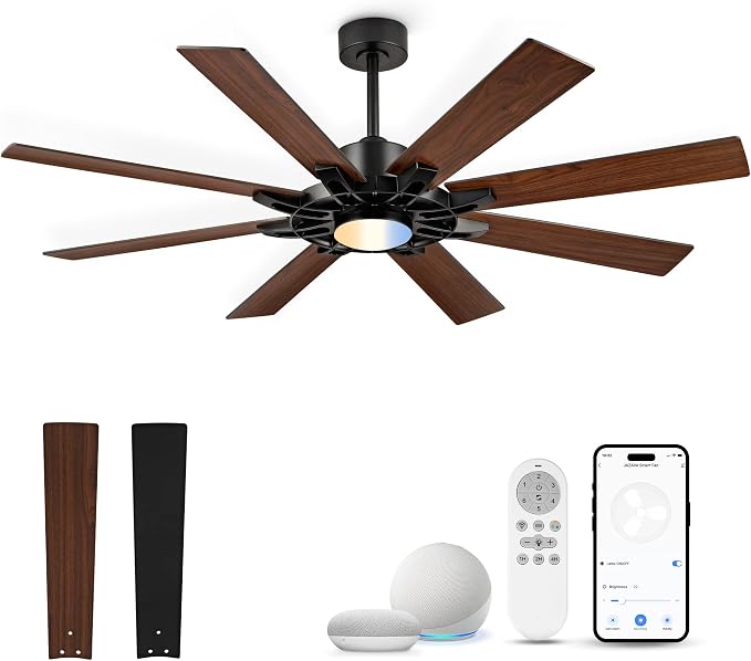 60 Inch Ceiling Fan with Light, Smart Indoor Outdoor Ceiling Fan with Alexa App Control, Large Black Modern Ceiling Fan, Dual Finish 8 Blades, Quiet Fan for Patio, Garage, ZCCF05BK-60