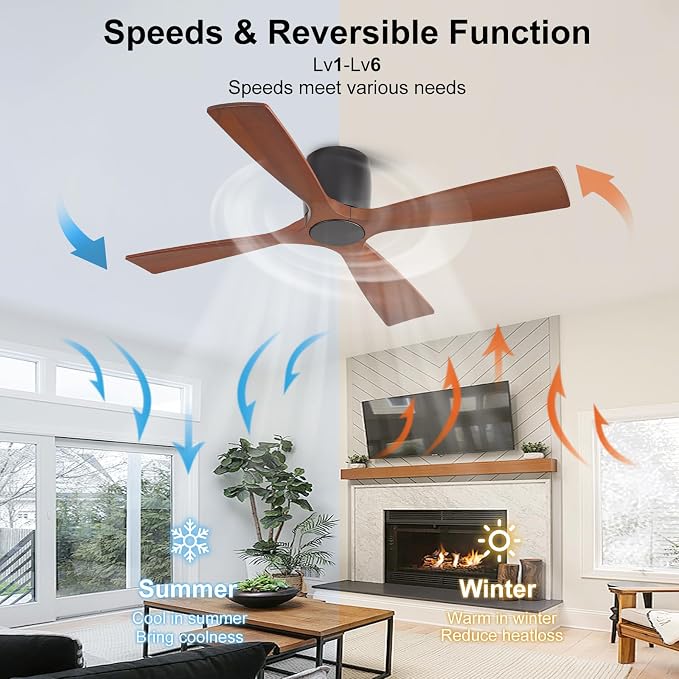 WINGBO 48 Inch Ceiling Fan Without Light, Solid Wood Flush Mount Ceiling Fan with Remote Control, Reversible DC Motor, 4 Blades,6-Speed Quiet Performance, for Bedroom & Living Room, Matte Black+Walnut