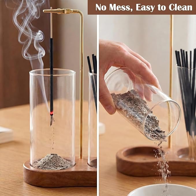 Incense Holder for Sticks with Glass Ash Catcher - Upside Down Anti-Ash Flying Incense Burner & Stick Storage Organizer, Ideal for Meditation, Yoga, Zen Home Decor, Spa Relaxation Gift (Natural Wood)