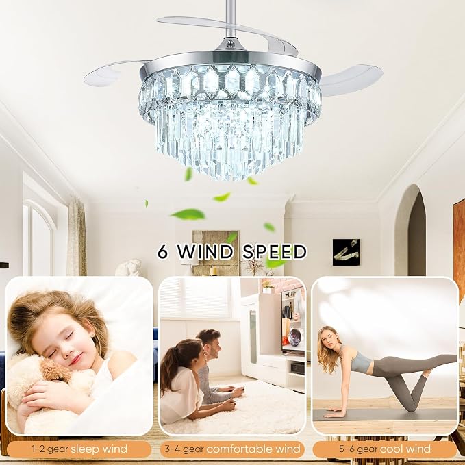 FIDGRA 48 Inch Fandelier Ceiling Fan with Light, Retractable Ceiling Fan with Lights Chandelier Fan for Bedroom, Living Room, 3 Color Temperature, 6 Wind Speed-Chrome