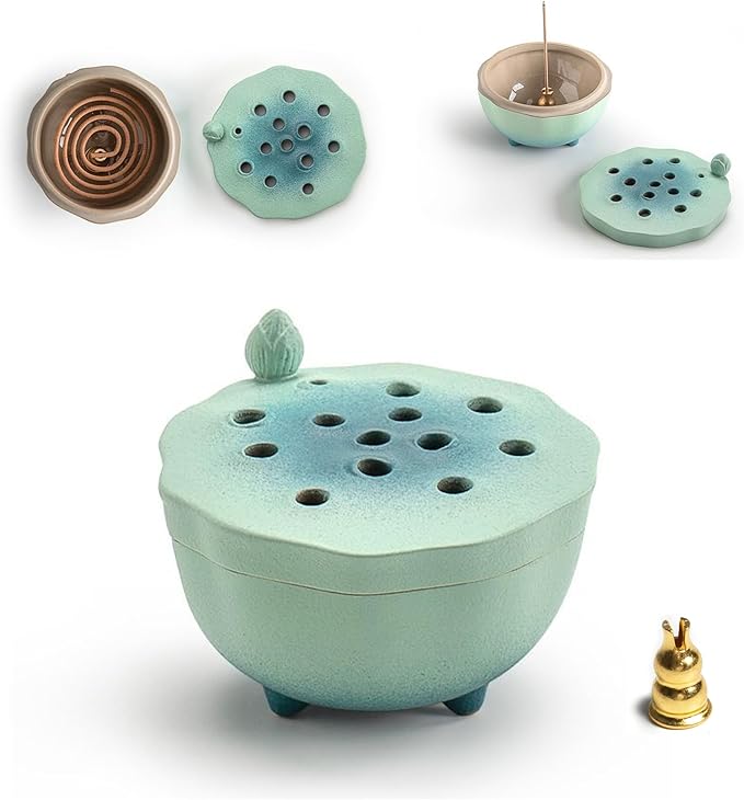 Zen Incense Burner with Lotus Lid Design (Lake Blue), Ceramic Incense Holder for Bakhoor, Stick, Powder, Cone, Coil, and Tower Incense, Home Fragrance Decor