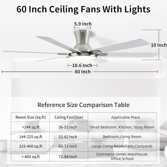 60 Inch Nickel Ceiling Fans with Lights and Remote, Flush Mount Low Profile 6 Blades Ceiling Fan, Quiet Reversible DC Motor for Living Room, Bedroom and Patio