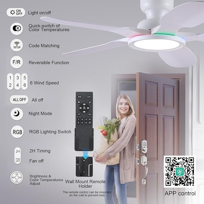 Kviflon 52 Inch Ceiling Fans with Lights and Remote/APP Control, Low Profile Ceiling Fans with Dimmable White + RGB Ring Lights, 6 Speeds 5 Curved Blades for Kids Room Bedroom Bar, White