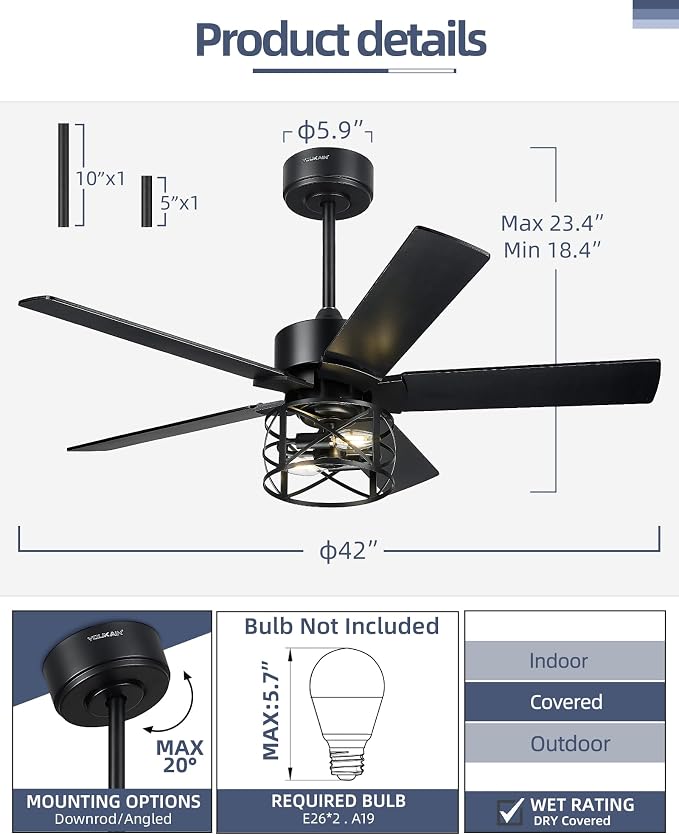 YOUKAIN 42 Inch Ceiling Fan with Lights and Remote, DC Motor 35dB Quiet, Black Farmhouse Ceiling Fan with 5 Reversible Blades for Small Room Bedroom, 42-YJ632-BKW