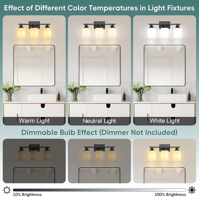 Ascher Bathroom Light Fixtures, 3-Light Vanity Light Over Mirror, Black Wall Sconces with Milky White Frosted Glass Shades, Wall Lamp for Living Room Bedroom, E26 Base(Bulbs Not Included)