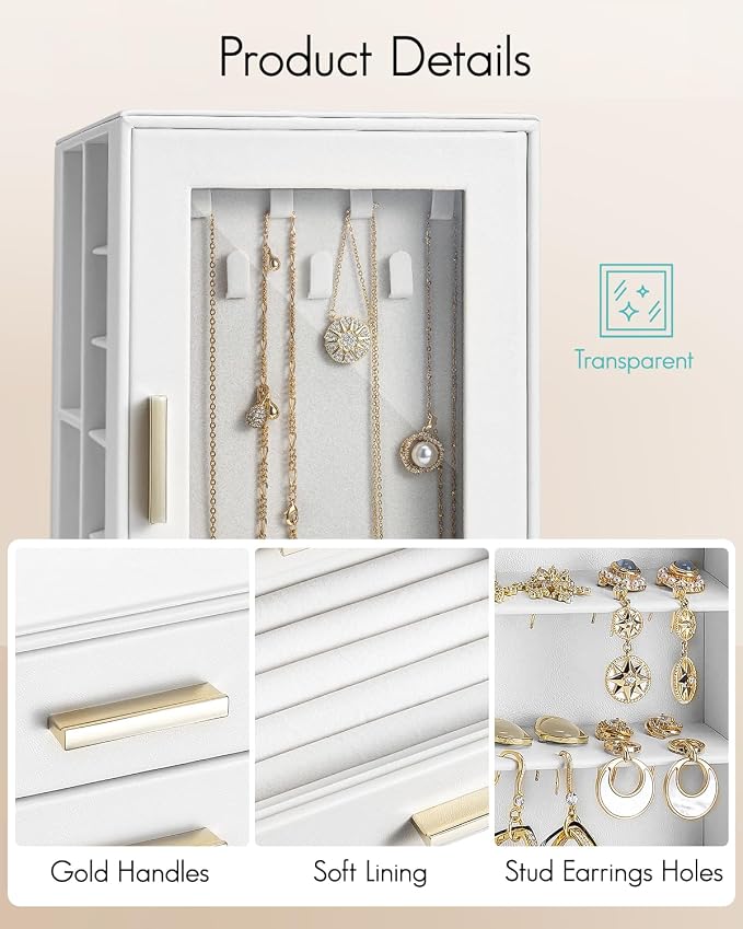 VLANDO 360° Rotating Jewelry Box with 5 Drawers, Large Jewelry Storage with 2 Glass Window, PU Leather Jewelry Organizer for Bracelets, Necklaces, Earrings, Rings - White