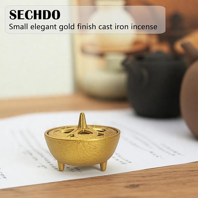 Small Cast Iron Incense Burner Holder, Home Decor, Bowl Design with Lid, Golden Incense for Sticks, Resin, Cone Incense or Wax Melts, Cense with Stand Base for Yoga, Spa, Room, Office