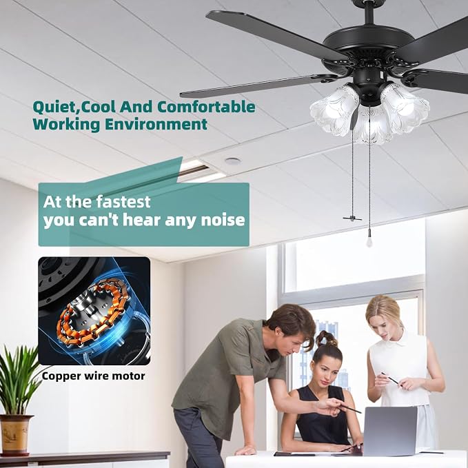 52 Inch Indoor Ceiling Fan with Pull-Chain and LED Light Bulbs Base, Traditional 3-Speeds Reversible Blades Ceiling Fan (Black)