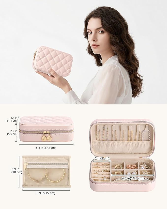 Lolalet Travel Jewelry Case for Women Girls, PU Leather Jewelry Organizer with Clear Storage Bag Small Portable Jewelry Box for Necklace Bracelet Earring Ring Birthday Bridesmaid Gifts -Medium/Pink