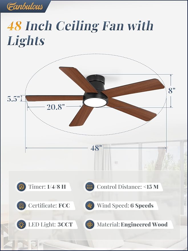 48 Inch Ceiling Fans with Lights and Remote,Outdoor Indoor Modern Flush Mount Ceiling Fan with 3CCT 6-Speed Quiet DC Motor,Black Small Low Profile Ceiling Fan for Bedroom Living Room Office(Black)