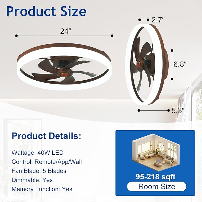 DLLT Bladeless Ceiling Fans with Lights: 24 Inch Modern Flush Mount Low Profile Ceiling Fan with APP Remote Control - Walnut Enclosed LED Fandelier Dimmable Quiet DC Motor for Bedroom Living Room