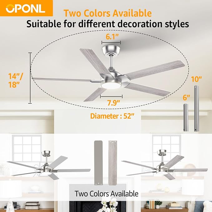 OPONL Ceiling Fan with Light, Ceiling fan with Light and Remote Control, Reversible, 6CCT, Dimmable, Noiseless, Ceiling Fan for Bedroom, Indoor/Outdoor Use, Nickel, 52 inch, Modern