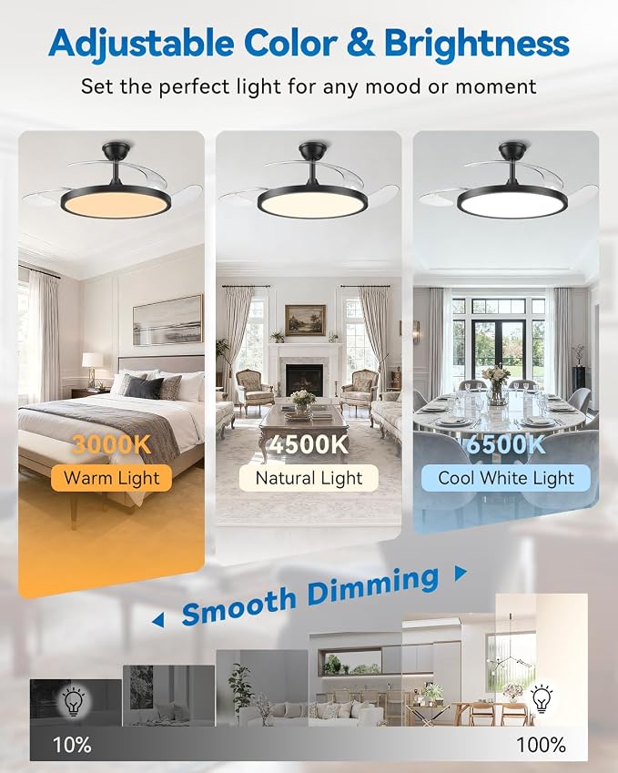 【Slim】48" Retractable Ceiling Fans with Lights, Large Fandelier Ceiling Fan with Light and Remote, Reversible, 3 CCT, Dimmable, Modern Chandelier for Bedroom, Living Room, Dining Room (Black)