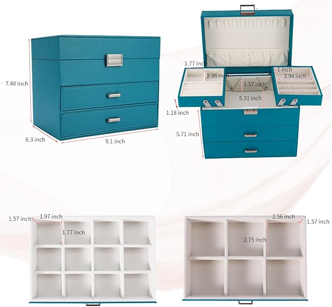 Dajasan Jewelry Organizer Box, Large Jewelry Boxes for Girls, Space-Saving 4 Layers Jewelry Storage Case with Drawer, Gift for Women, PU Leather, Movable Metal Stand, Modern (Blue)