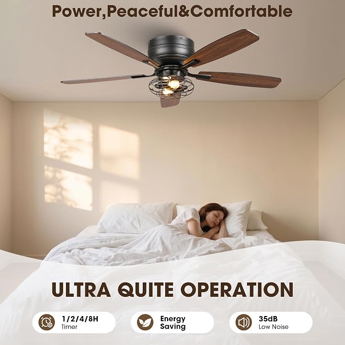 48" Flush Mount Farmhouse Ceiling Fans with Lights and Remote, 6-Speed Quiet Reversible Motor, Timing Function Low Profile Ceiling Fan for Bedroom Living Room Patio