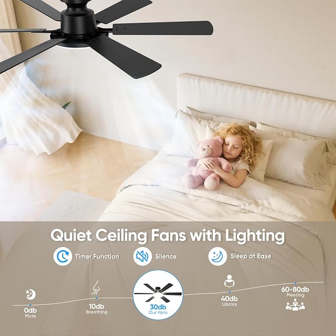 52 Inch Ceiling Fans with Lights, 6 Double Sided Blades, Ultra Quiet Reversible DC Motor, Remote & APP Control, 6 Speeds, 3CCT Dimmable LED with Memory Function, Flush Mount for Living Room, Black