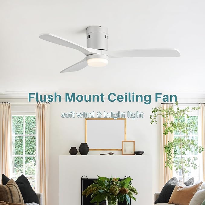 Sofucor 52 Inch Smart White Ceiling Fans with Lights-Flush Mount Low Profile Modern Outdoor Solid Wood Ceiling Fans with Alexa/Google Assistant/APP/Remote Control for Bedroom/Living Room/Office/Patio