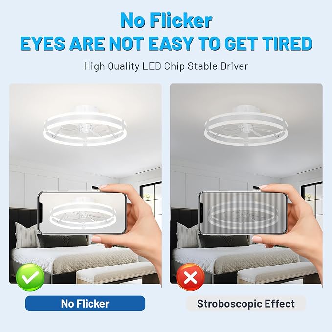 19.7'' Bladeless Ceiling Fan with Lights,3000-6000K Dimmable 6 Wind Speed Low Profile Led Ceiling Fan, Reversible DC Motor Modern Flush Mount Indoor Kitchen Bedroom Fandelier Ceiling Fans