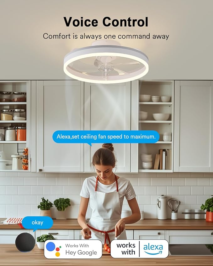 Lumary Smart WiFi Ceiling Fans with Lights, RGBAI Flush Mount Ceiling Fans with Lights and Remote, Dual Lighting Mode Modern LED Low Profile Ceiling Fan for Bedroom Works with Alexa Google, 20in White | 4500 lumens CCT light, RGBAI lighting, Alexa/Goog...