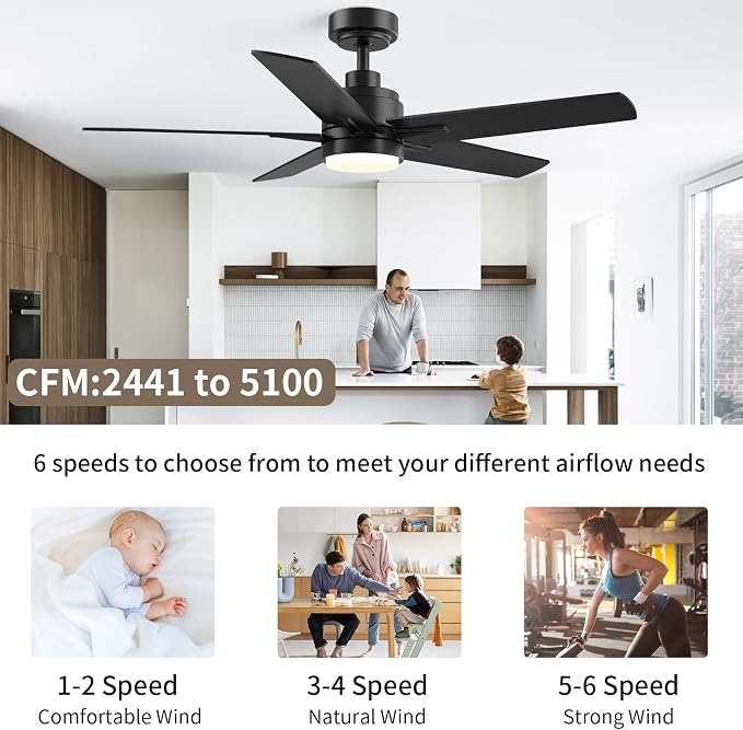 YUHAO 48 Inch Black Ceiling Fan with Light and Remote Control.Noiseless,Dimmable, 3CCT,6 Speeds Reversible, Modern DC Ceiling Fans for Indoor or Covered Outdoor Use,ETL Listed