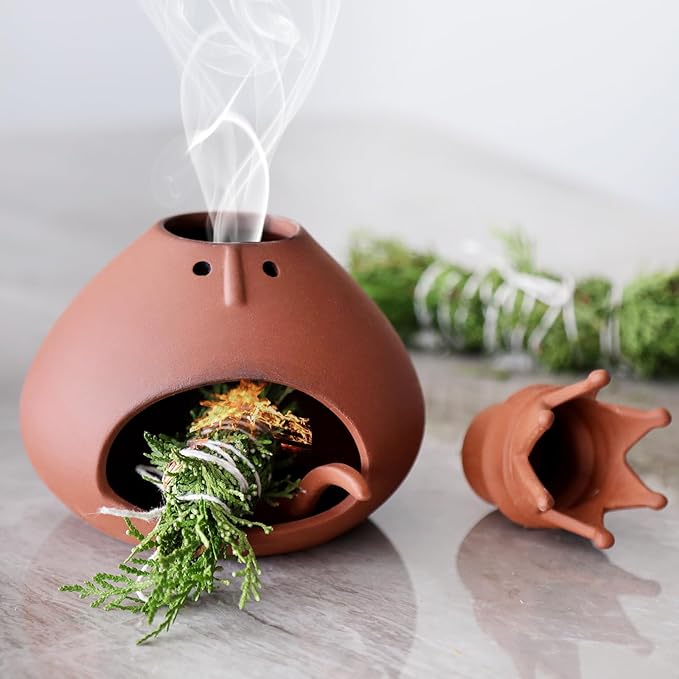 Terracotta Palo Santo Holder Incense Burner with Handcraft Small Ceramic Sage Burner Holder for Meditation Yoga Aromatherapy Study Home Decor Palo Santo Chimney Burning Bowl