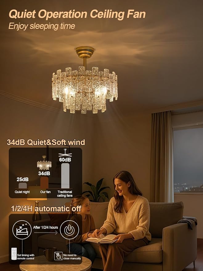 20" Gold Fandelier Ceiling Fan with Light,Gold Crystal Chandelier Ceiling Fans with Lights and Remote Control,Mid-Century Modern Caged with 6 Speeds for Living Room Bedroom Nursery