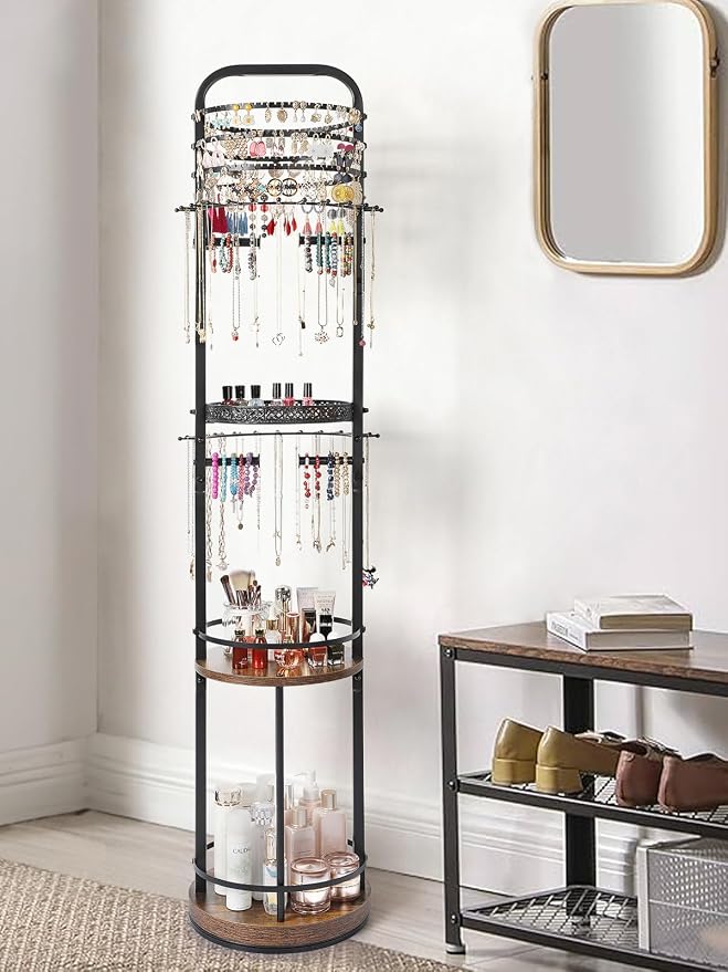 Jewelry Holder Organizer, Floor Jewelry Organizer with Earring Organizer Necklace Holder, Rotating Jewelry Stand Necklace Display Earring Storage, Large Hanging Jewelry Tree for Jewlery Bracelet Ring