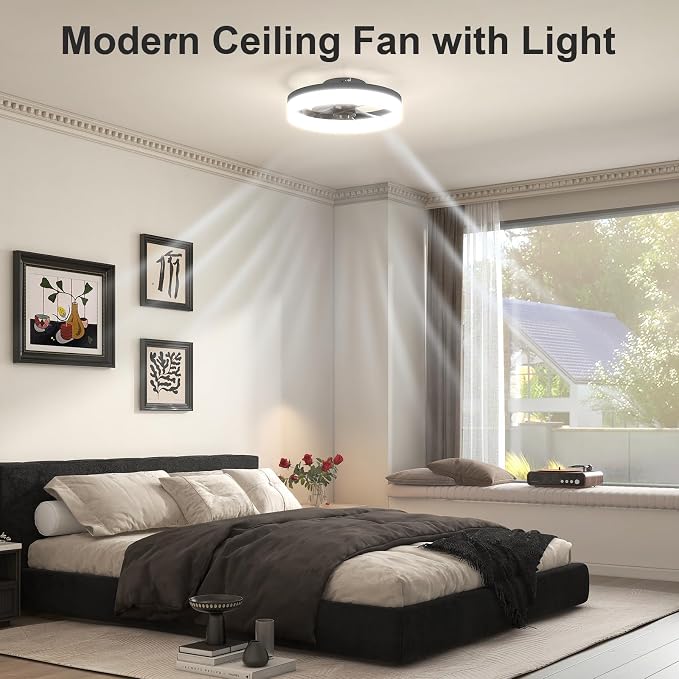 VOLISUN Low Profile Ceiling Fans with Lights and Remote, 15.7in Fandelier Ceiling Fan with Light, 3000K-6500K Dimmable Bladeless LED Fan Light, Black Flush Mount Ceiling Fans with Lights for Bedroom